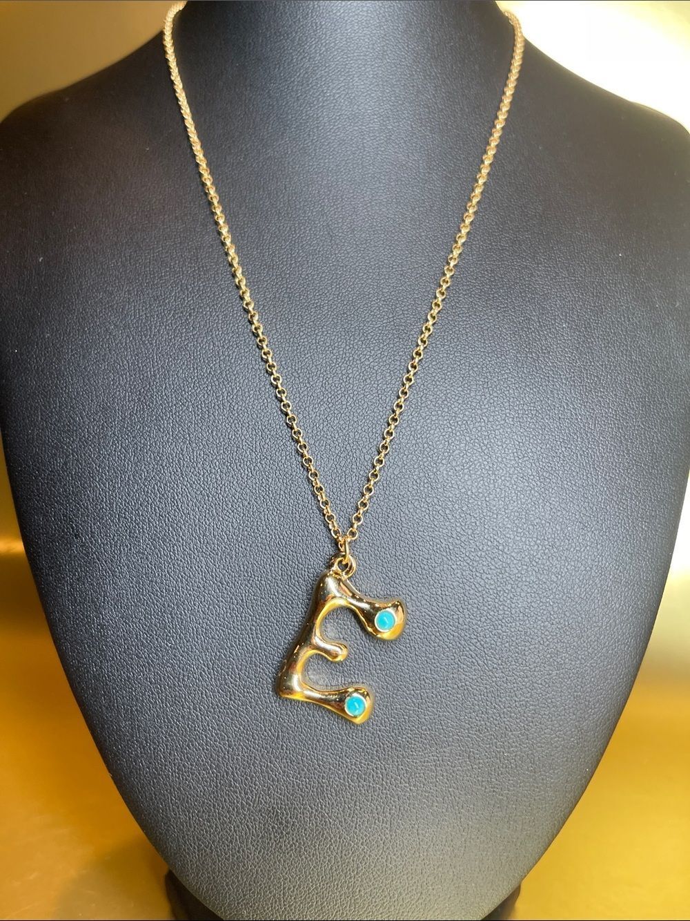 Mayamar ‘E’ initial necklace with turquoise 16” plus 2” extender